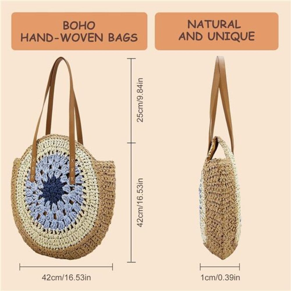 Round Straw Bag Handwoven Natural 02 - Picture 2 of 6
